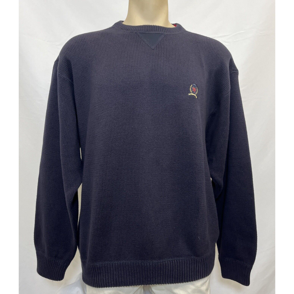 Tommy Hilfiger Vintage Navy Blue Rib Knit Pullover Sweater Mens Large Logo Chrty